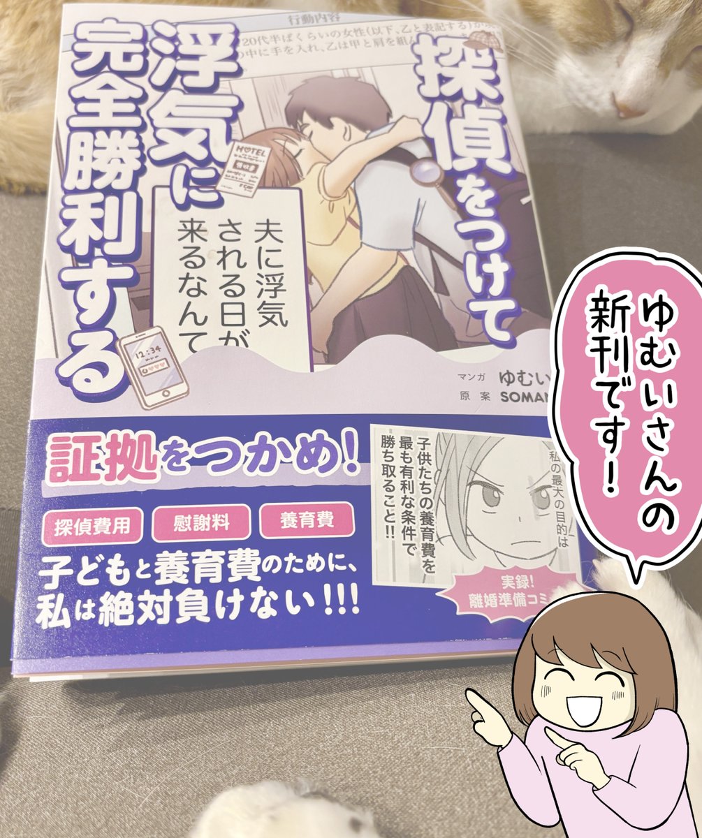 ゆむいさん(@yumuihpa)の新刊
「探偵をつけて浮気に完全勝利する」をご恵贈いただきました✨

浮気夫と離婚する際、子どもの養育費を有利な条件で受け取るために奮闘する妻の、離婚準備実録コミックです。→リプ欄に続きます 