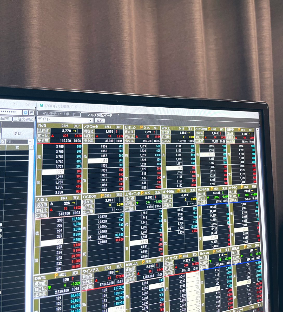 松井のマルチチャートボードオススメです。直近盛り上がってるやつよく並べてます。気になった銘柄すぐにドラッグ&ドロップで置いておけるし削除も一瞬。 スピード注文板だと配置限界あるので。