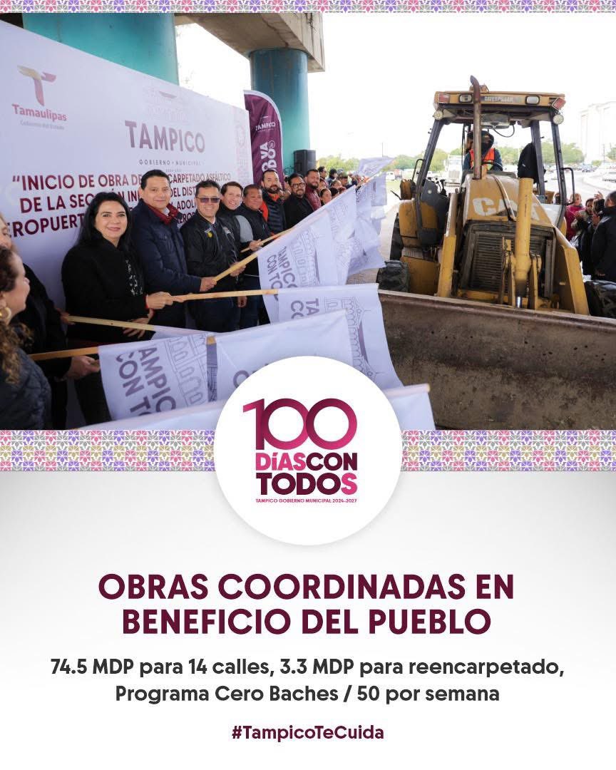 ¡#100DíasconTodos! Más obras, mejor Tampico ✅

Invertimos 74.5 MDP en pavimentar 14 calles y rehabilitar la planta potabilizadora Laguna de La Puerta y la de bombeo.

Reencarpetamos vialidades y distribuidores viales con recursos de CAPUFE, REVUPE y FAIS.

#TampicoTeCuida