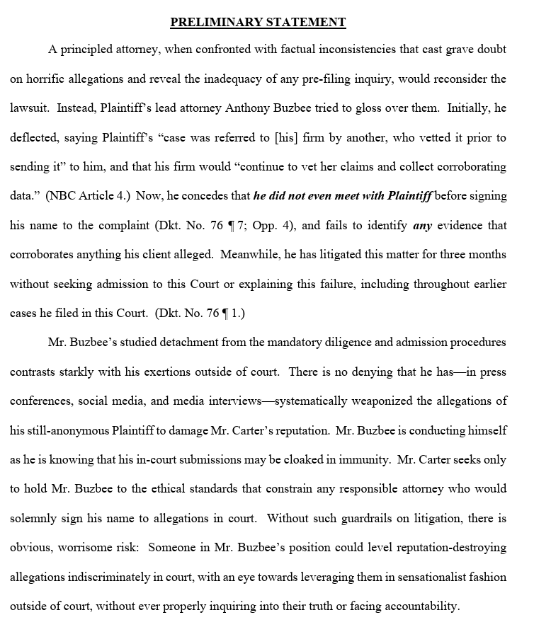 meghanncuniff's tweet image. Jay-Z's lawyer Alex Spiro's latest filing in his sanctions request against plaintiff's attorney Tony Buzbee points out that Buzbee acknowledges he didn't interview the woman before he signed the complaint in the rape lawsuit. (Buzbee said two other attorneys at his firm did.)