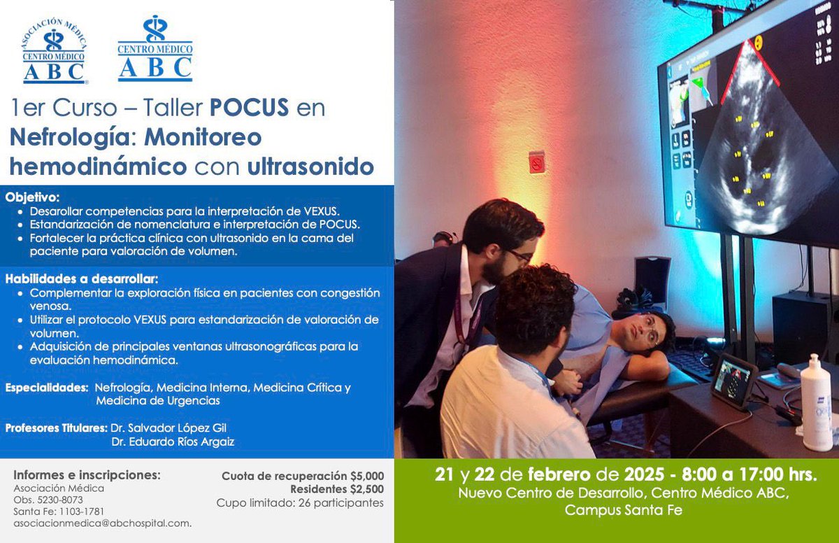 jav_tejeda's tweet photo. Los invitamos al primer curso de POCUS en nefrología del @ABCcentromedico impartido por los expertos del tema @ArgaizR @salvadorlgil @vikouerMD  @SergioAlday11  y más profesores 
21 y 22 de enero ABC de Santa Fe https://t.co/LkLARivltZ