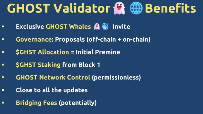 Here are just a few benefits of running a GHOST TestNet Validator node raging from initial $CSPR allocation to on-chain governance voting power. And we are completely open source 👻🚀

Become GHOST TestNet Validator 👇
🔗 https://validator.ghostchain.io/