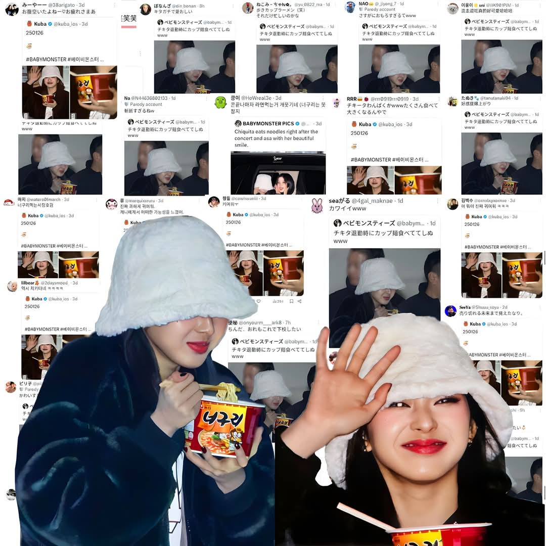 bababybyyyyy1's tweet photo. #CHIQUITA กำลังเป็นกระแสในหมู่ knetz และ jnetz สำหรับการทานราเมน/รามยอนหลังคอนเสิร์ต พวกเขาบอกว่านี่เป็นครั้งแรกที่ได้เห็นไอดอลกินและถือบะหมี่ถ้วยขณะเดิน และทำให้พวกเขาอยากซื้อตามหลังจากที่ได้เห็นรูปถ่ายไวรัลของเธอ🍜😅

#BABYMONSTER https://t.co/Hh9jduFJVx