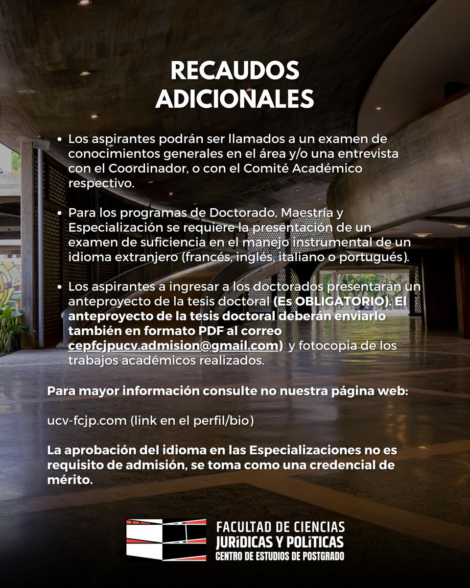 El próximo 14.02 inicia el proceso de preinscripción de nuevos aspirantes a cursar alguno de nuestros programas de Postgrado.

Más detalles del proceso en nuestra página web 👇🏼

ucv-fcjp.com/preinscripcin-…
