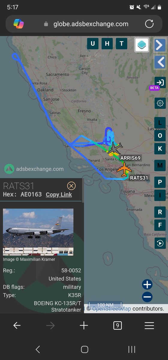 norb420's tweet photo. #AE5F99 as #ARRIS69
#AE0163 as #RATS31
These two were hanging out earlier with a drag up the California coast. After the they finished up with fuel transfers they both went to Plant 42 KPMD for some pattern work. #RATS31 did two touch and go's and returned to March AFB KRIV #ARRIS69 did 8 touch and go's then went back up to refueling altitude before returning back to Edwards AFB KEDW. Flight time was 5 hours and 25 minutes.