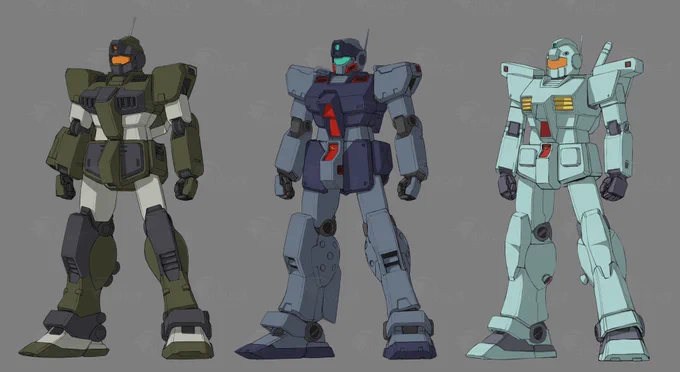 紹介します、左からオーガスタ製のジムスナイパーカスタムルナツー製のジムスナイパーⅡジャブロー製のジムカスタム 