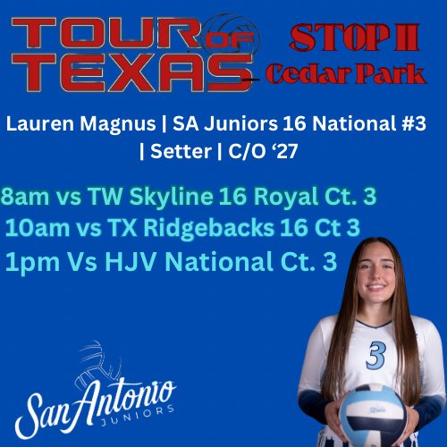 Lauren Magnus (@laurenmagnus27) on Twitter photo Cannot wait to get back at it this Saturday. Catch SA Juniors 16 National at Austin Sports Center in Cedar Park . We will be on Court 3 starting at 8am. <a href="/SAJuniorsVB/">San Antonio Juniors Volleyball</a> <a href="/PDTexas/">Prep Dig Texas</a> <a href="/PrepDig/">Prep Dig 🏐</a> <a href="/texasvbi/">Texas Volleyball Insiders</a> <a href="/MrBowtie1982/">Mr. Bowtie's Texas High School Sports Machine</a> <a href="/CoachMikeDZ/">Michael DeLeon</a> <a href="/MalloriHowie/">Mallori Howington</a> <a href="/MaxPrepsTX/">Texas MaxPreps</a> <a href="/grtorres/">Guilherme Torres</a> Cannot wait to get back at it this Saturday. Catch SA Juniors 16 National at Austin Sports Center in Cedar Park . We will be on Court 3 starting at 8am. <a href="/SAJuniorsVB/">San Antonio Juniors Volleyball</a> <a href="/PDTexas/">Prep Dig Texas</a> <a href="/PrepDig/">Prep Dig 🏐</a> <a href="/texasvbi/">Texas Volleyball Insiders</a> <a href="/MrBowtie1982/">Mr. Bowtie's Texas High School Sports Machine</a> <a href="/CoachMikeDZ/">Michael DeLeon</a> <a href="/MalloriHowie/">Mallori Howington</a> <a href="/MaxPrepsTX/">Texas MaxPreps</a> <a href="/grtorres/">Guilherme Torres</a>
