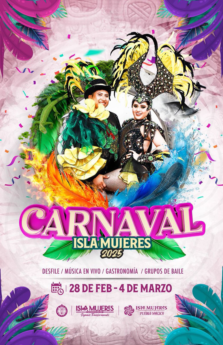 Este año la edición del Carnaval Isla Mujeres 2025 se vivirá del 28 de febrero al 4 de marzo, con la temática de los cuatro elementos: fuego 🔥, tierra ☘️, agua 🌊 y aire 🌬️ ¡Estén muy pendientes porque en unos días anunciaremos la cartelera artística! 
#SigamosTransformando🩷