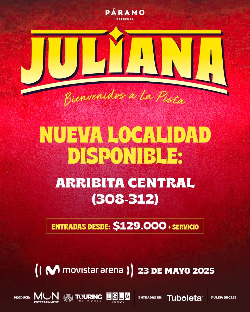 #UPDATE: Se agotó el segundo piso para el show de <a href="/Julianavelof/">JULIANA 🩵</a> en el Movistar Arena 😱🚨

Y por ese motivo, se han habilitado las secciones centrales del tercer piso para que corra a asegurar su entrada desde 129k + servicio en <a href="/Tuboletaoficial/">Tuboleta</a> 🎫

¡Nos vemos el 23 de Mayo!