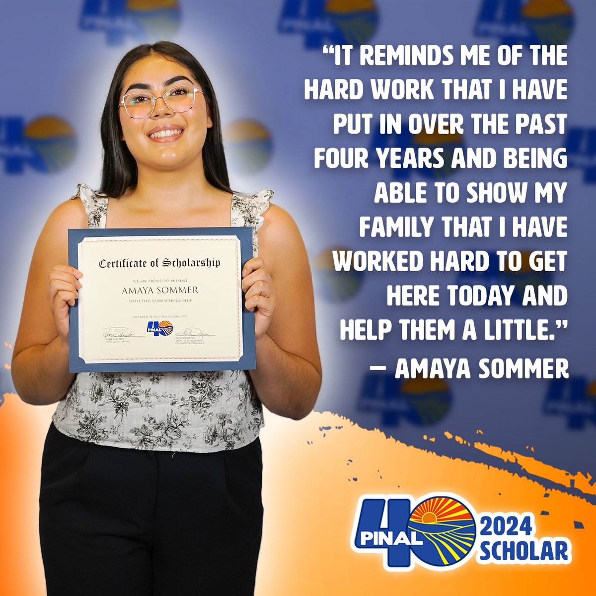 Amaya Sommer says that the Pinal 40 Scholarship means a lot to her and her family as it helps her attain her bachelor's degree 🎓!

Applications for our 2025 Scholarships are now open, click the link to learn more and apply today: bit.ly/3rKpJgP

 #P40Scholars