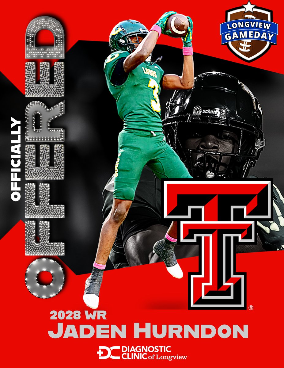 Longview Gameday (@longviewgameday) on Twitter photo Jaden Hurndon's 4th offer is an In-State Power 5 school! Texas Tech offers the Freshman WR.
<a href="/JadenH_D1/">Jaden Hurndon</a> <a href="/TexasTechFB/">Texas Tech Football</a> <a href="/TechAthletics/">Texas Tech Red Raiders</a> <a href="/RedRaiderSports/">RedRaiderSports.com</a> <a href="/WreckEmWeekly/">Wreck ‘Em Weekly</a> <a href="/samspiegs/">Sam Spiegelman</a> <a href="/justinwells2424/">Justin Wells</a> <a href="/jkbtjc_53/">James Blanchard 🌵</a> Jaden Hurndon's 4th offer is an In-State Power 5 school! Texas Tech offers the Freshman WR.
<a href="/JadenH_D1/">Jaden Hurndon</a> <a href="/TexasTechFB/">Texas Tech Football</a> <a href="/TechAthletics/">Texas Tech Red Raiders</a> <a href="/RedRaiderSports/">RedRaiderSports.com</a> <a href="/WreckEmWeekly/">Wreck ‘Em Weekly</a> <a href="/samspiegs/">Sam Spiegelman</a> <a href="/justinwells2424/">Justin Wells</a> <a href="/jkbtjc_53/">James Blanchard 🌵</a>