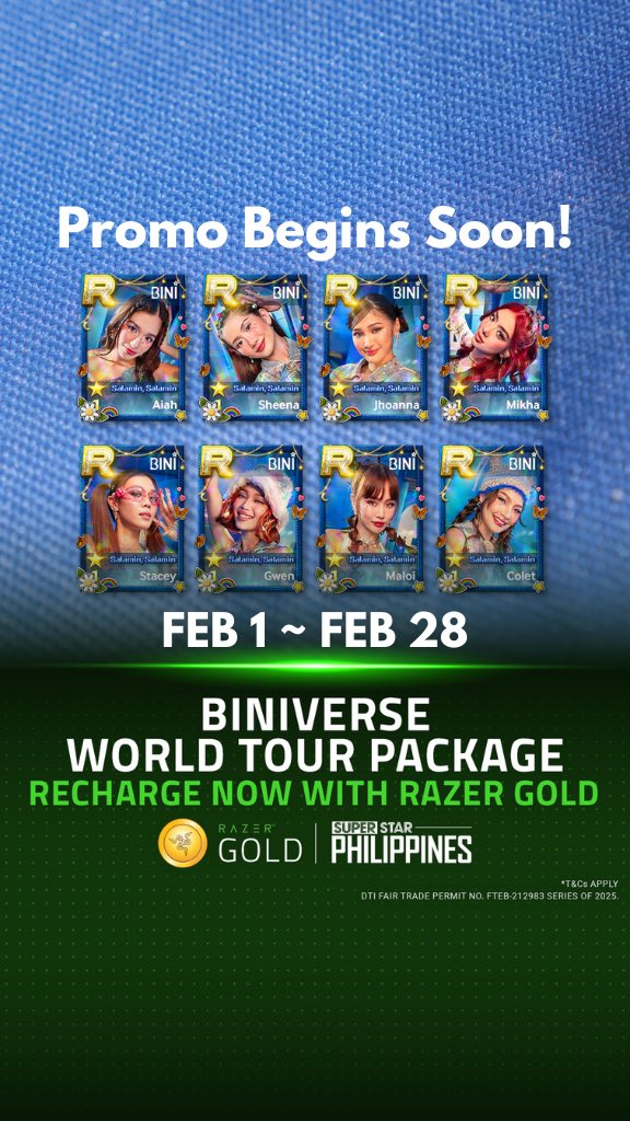 superstar_ph's tweet photo. ✨ Something special is coming! ✨

Superstars, are you ready to level up? 🚀 This February, Superstar Philippines and Razer Gold are teaming up for an exclusive @BINI_ph "Salamin, Salamin" photocard promotion! 🤩💖

Stay tuned for all the details—you won’t want to miss this! 👀🔜

📅 Promo runs from Feb 1 - Feb 28, 2025

#SuperStarPH #Superstar_Philippines #SSPH #BINI #BINI_Photocards #SalaminSalamin #GrandBINIverse #SSPH_photocards #RazerGoldPH

🔹 Per DTI Fair Trade Permit No. FTEB-212983 Series of 2025
