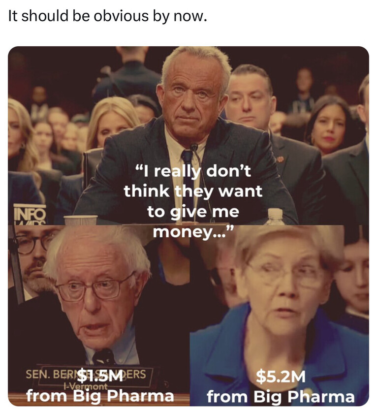 Yesterday RFK, Jr testified at his HHS confirmation
hearing before the Senate. The main takeaway I had
was it was a gross display of partisan politics at its
worst. It also appeared the senators were protecting
Big Pharma, medical lobbyists , and special interest
groups ~ not the