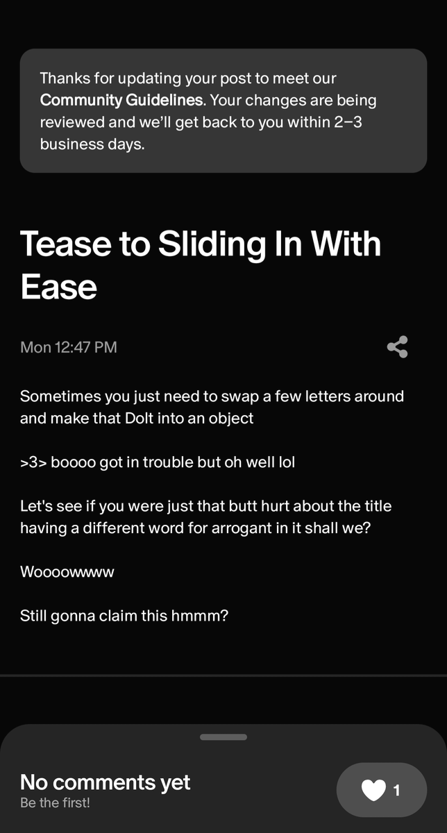 shykiba's tweet photo. I Apparently REALLY got on the bad/mad side of the patreon employee doing my resubmission reviews lol. (Each new line in post is a new resubmission was done with something changed). This was rejected for 'Unknown Guideline' but according to Email 'Sexual Gratifying Acts' https://t.co/JmjljEsk3s