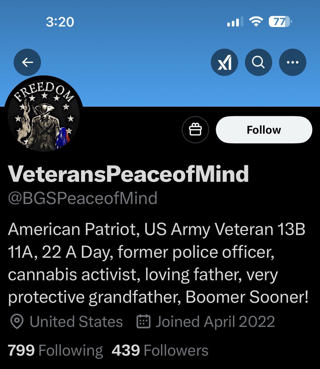 Conservative Cat (@lynnhall268) on Twitter photo Please give <a href="/BGSPeaceofMind/">VeteransPeaceofMind</a> a follow and a repost to show our appreciation for his service.
US Army Veteran
Thank you for your service. We appreciate you. Please give <a href="/BGSPeaceofMind/">VeteransPeaceofMind</a> a follow and a repost to show our appreciation for his service.
US Army Veteran
Thank you for your service. We appreciate you.