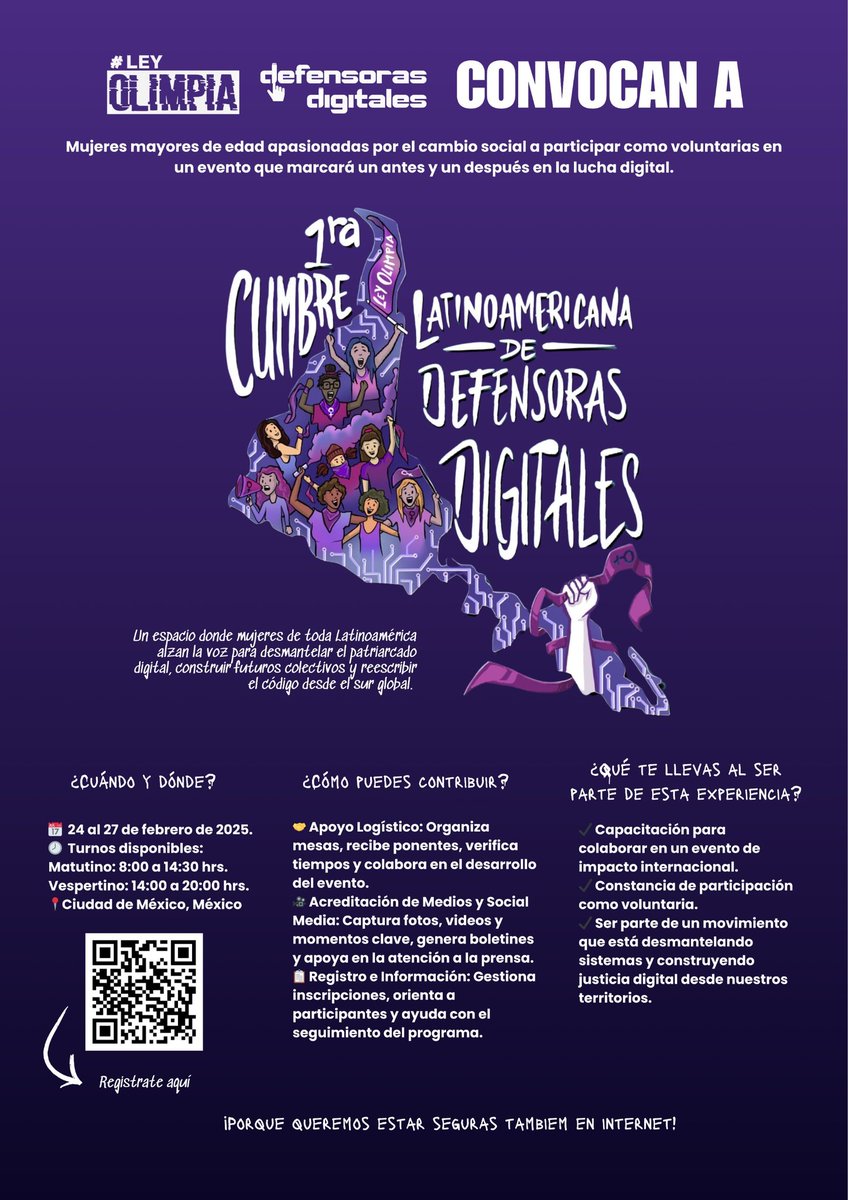 #CONVOCATORIA 📣
<a href="/OlimpiaCMujer/">Olimpia</a> te invita 
cómo voluntaria de la 1ra Cumbre #Latam de #DefensorasDigitales "Código, Territorio y Resistencia" 🌎 🫰🏻

📧 Llena el formulario antes del 10 de febrero y súmate a la resistencia digital ❤️‍🔥
 forms.gle/Pd4EyHn1WAksMS…
#LoVirtualEsReal 🔥