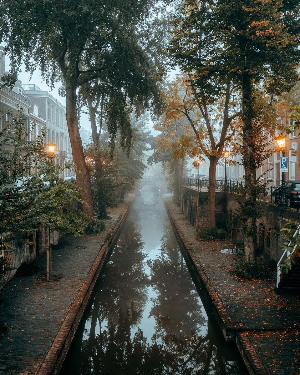 Quiet and misty canal, Utrecht, Netherlands.