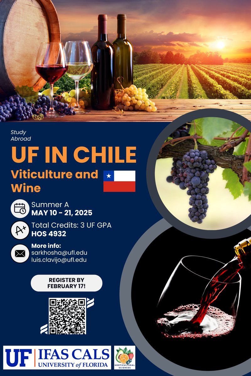 UF Fruit Crops Lab ๐โ๏ธ๐๐๐ณ (@uffruitcrops) on Twitter photo ๐จ #StudyAbroad Opportunity! ๐จ
๐ Interested in #Viticulture & #Wine? Join our #Summer #course and travel to Chile ๐จ๐ฑ (May 10-21) to explore the entire winemaking processโfrom vineyard to bottle! ๐ท
๐ Limited spots!
๐ฉ Email us for details
๐ Register: ufabroad.internationalcenter.ufl.edu/index.cfm?Fuseโฆ ๐จ #StudyAbroad Opportunity! ๐จ
๐ Interested in #Viticulture & #Wine? Join our #Summer #course and travel to Chile ๐จ๐ฑ (May 10-21) to explore the entire winemaking processโfrom vineyard to bottle! ๐ท
๐ Limited spots!
๐ฉ Email us for details
๐ Register: ufabroad.internationalcenter.ufl.edu/index.cfm?Fuseโฆ