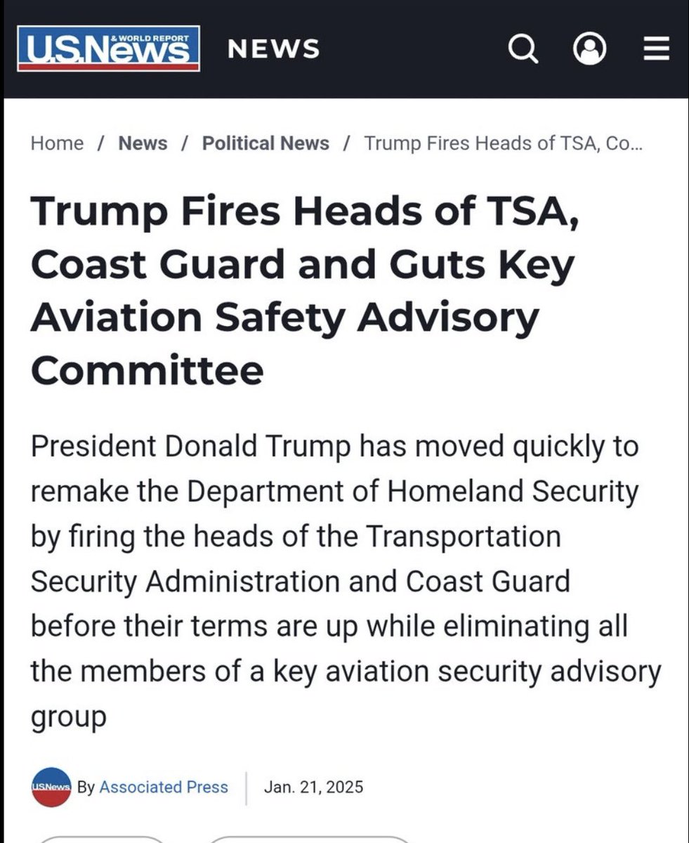 Omg it took the lunatics 2.5 seconds to start blaming DEI  🤦🏼‍♀️
This is ALL TRUMP’S FAULT!  Trump fired everyone on the key aviation advisory group 7 days ago. And now he owns this crash. 
Your safety in the skies depends on a functional FAA, TSA &amp; ATC ie. civilian govt employees