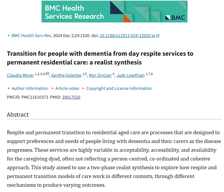 How can service providers work more closely with people living with dementia &amp; their caregivers to optimise ever-changing #Dementiacare?

Read this study exploring caregivers &amp; people living with dementia experiences of transitioning to permanent #RAC: pmc.ncbi.nlm.nih.gov/articles/PMC11…