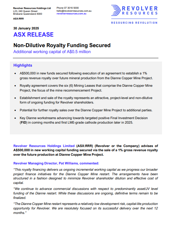 RevolverRes's tweet photo. $RRR secures A$500K in non-dilutive funding through a 1% gross revenue royalty over future production at the Dianne Copper Mine. This supports our project restart, with FID and first LME-grade cathode production expected in 2025: https://t.co/T9nlQCqGYT
#RevolverResources https://t.co/6vFoLs6iok