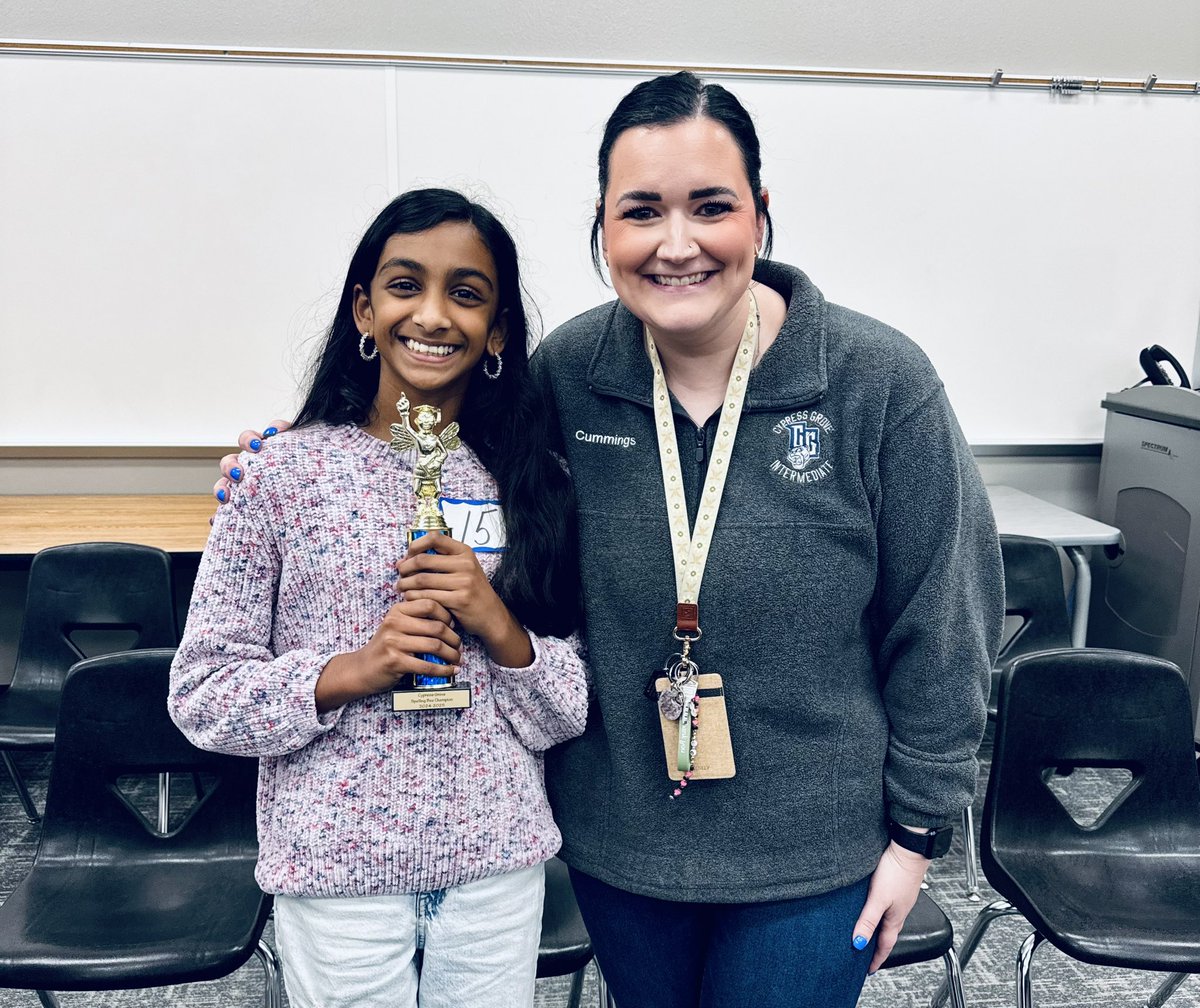Lauren Cummings (@lacummings15) on Twitter photo So proud of this sweet student of mine for getting first place in our campus spelling bee! She knocked out some pretty impressive words! <a href="/cg_cats/">Cypress Grove Intermediate School</a> #choosegreatness So proud of this sweet student of mine for getting first place in our campus spelling bee! She knocked out some pretty impressive words! <a href="/cg_cats/">Cypress Grove Intermediate School</a> #choosegreatness