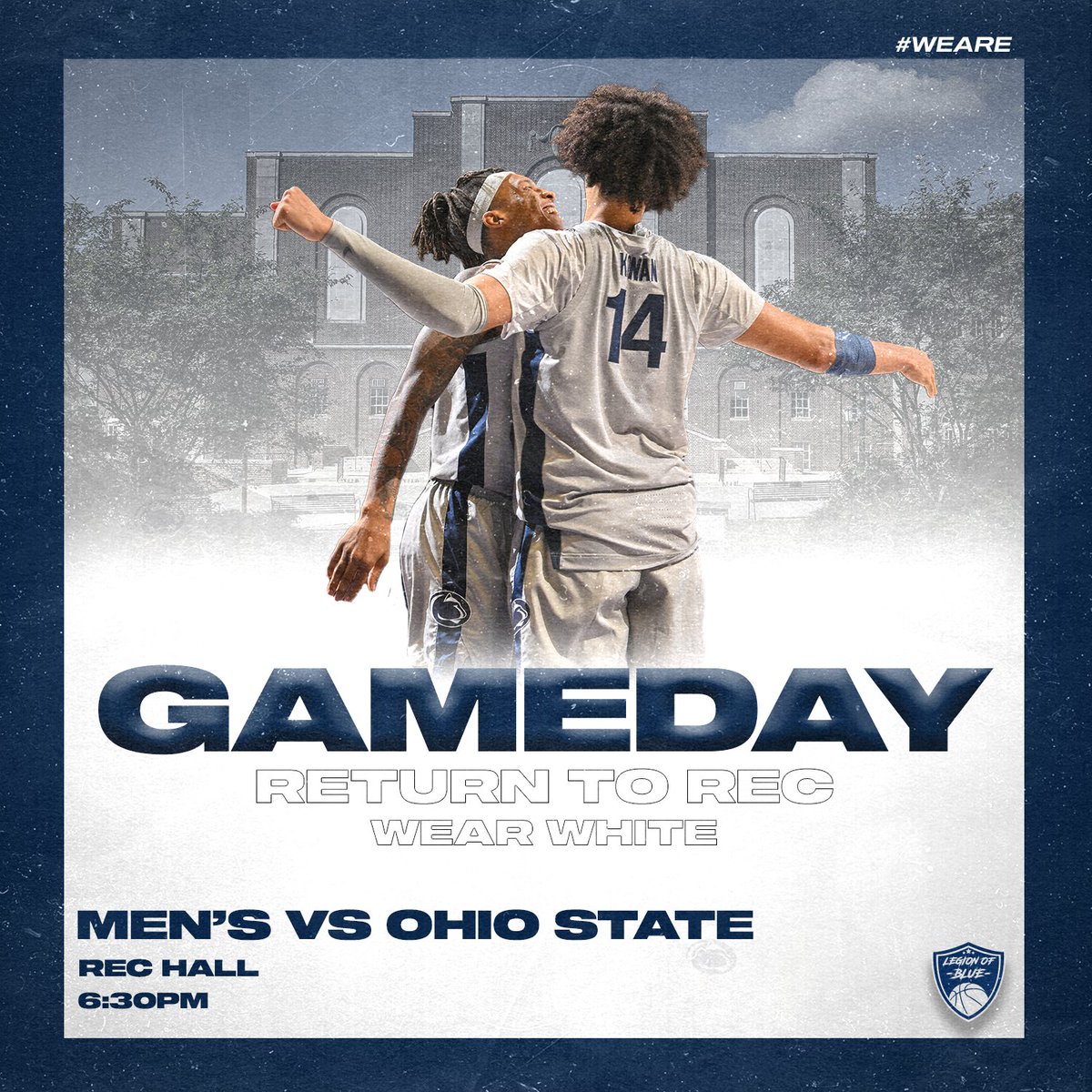 LegionofBluePSU's tweet photo. ⚪️RETURN TO REC⚪️

@PennStateMBB face off against Ohio State in Rec Hall TONIGHT‼️ Gates open at 5 pm! 

Be early. Be loud. WEAR WHITE⬜️🏀 

#WeAre #LegionofBlue #ReturnToRec #SweatWithUs https://t.co/VjbNxdtSHb
