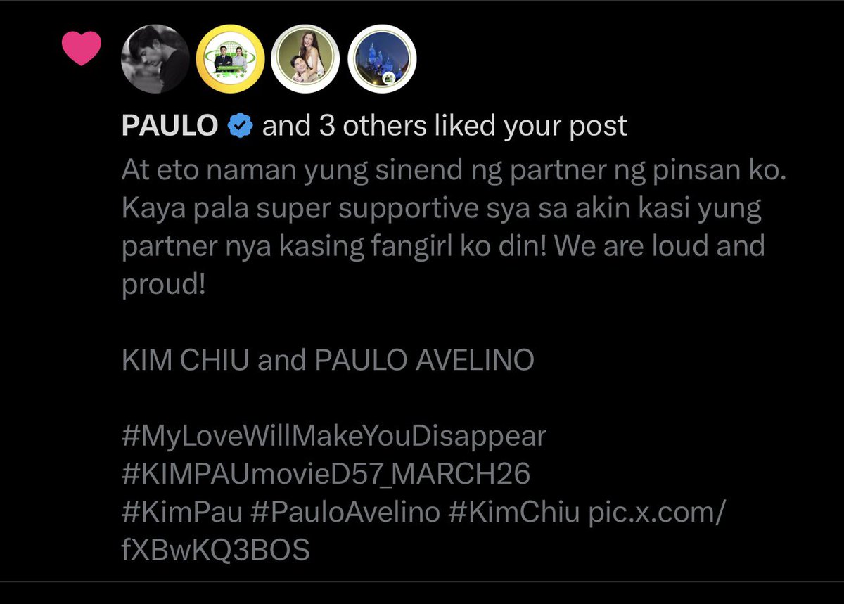 orange_audz's tweet photo. Ngayon lng ako nakaahon sa busy life ko. Hahaha but I am happy that he liked my posts. 

KIM CHIU and PAULO AVELINO

#D55_KIMPAUxMLWMYD_MAR26
#MyLoveWillMakeYouDisappear 
#KimPau #PauloAvelino #KimChiu https://t.co/Cq4hZ8O0XH