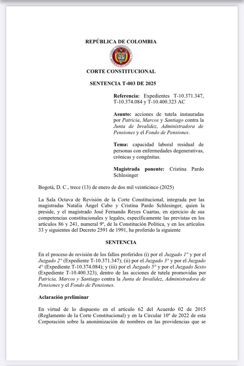 LenteJuridico's tweet photo. Corte Constitucional T-003 de 2025

Derecho a la pensión de invalidez (seguridad social, mínimo vital y vida digna).  Capacidad residual de personas con enfermedades congénitas, crónicas y/o degenerativas. 

https://t.co/6DiuAac1Qw https://t.co/sW89OW9Qzb