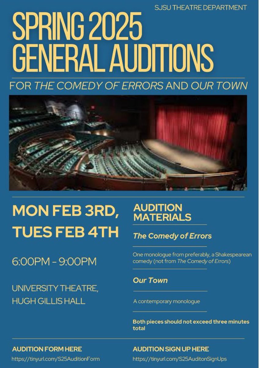 commsjsu's tweet photo. Hey Spartans! Want to participate in a comedy? Make sure to check out/sign up for auditions. Auditions take place on Feb 3rd &amp; Feb 4th located in HGH💛💙 https://t.co/99drzddyg1
