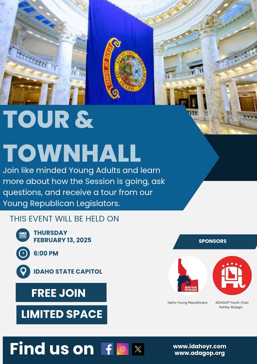 The Idaho Young Republicans and <a href="/AdaGOPYouth/">Ashley Mujagic</a> are hosting a Tour &amp; Townhall event at the Idaho State Capitol! Be sure to RSVP by clicking the link below.

Join us for a chance to:

Tour the Idaho State Capitol Building

#idpol #idleg #idyr #yrselect #yrslead