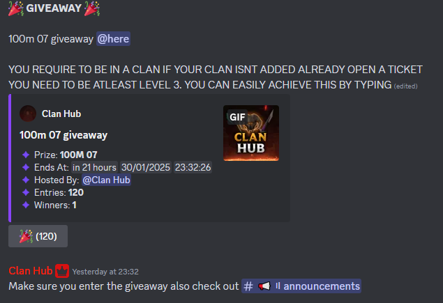 FREE ENTRY - DAILY OSRS 100M GIVEAWAY.

discord.gg/clanhub