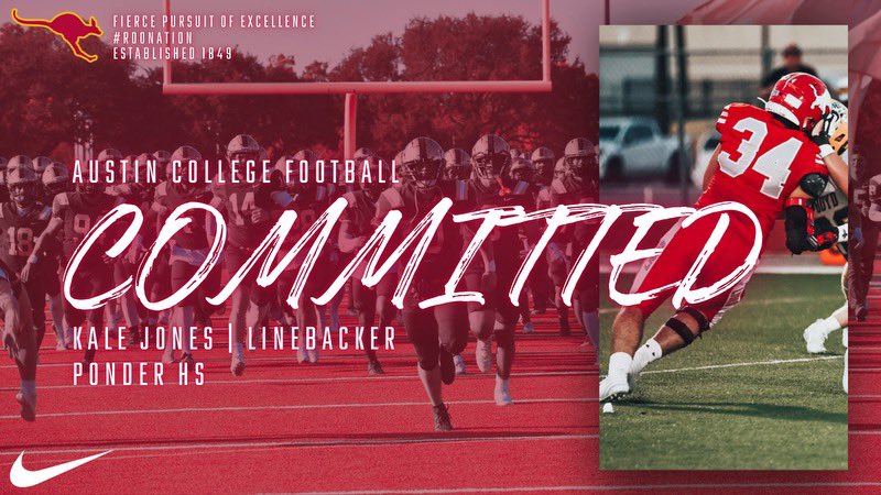 Kale Jones (@thekalejones) on Twitter photo Blessed to announce that I am committing to <a href="/RoosFootball/">Austin College ’Roos Football</a> to continue my football and academic journey! Huge thanks to my family, coaches, and everyone who has helped me along the way. Excited for this next chapter! 🦘#GoRoos #Committed #AGTG
<a href="/Coach_OMelia/">Chad O'Melia</a> <a href="/CoachBennetNew/">Bennet New</a> Blessed to announce that I am committing to <a href="/RoosFootball/">Austin College ’Roos Football</a> to continue my football and academic journey! Huge thanks to my family, coaches, and everyone who has helped me along the way. Excited for this next chapter! 🦘#GoRoos #Committed #AGTG
<a href="/Coach_OMelia/">Chad O'Melia</a> <a href="/CoachBennetNew/">Bennet New</a>