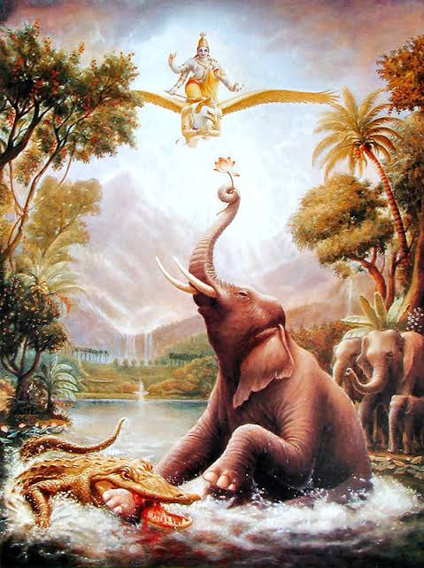 MPSathishkrisna's tweet photo. "Elephant Gajendra, trapped by a fierce crocodile, cried out to Lord Vishnu for help. Hearing his sincere devotion, Vishnu arrived, slew the crocodile, and granted Gajendra moksha (liberation). True faith always finds divine rescue. #GajendraMoksha #DivineGrace" https://t.co/vNiyraYHje