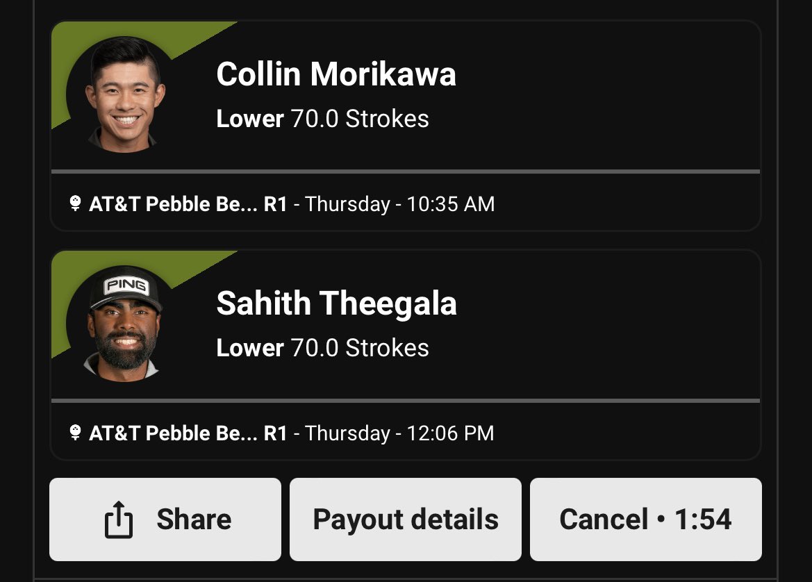 PGA Pebble Beach Pro Am R1 ⛳️🏌️

Be aware, there are 2 courses again this tournament. Each player will switch between Pebble Beach and Spyglass the first two rounds, then play at Pebble the last 2! ⛳️

R1 Props:

Fowler U 15.5 Pars or Better
Clark U 15.5 Pars or Better
Lowry U