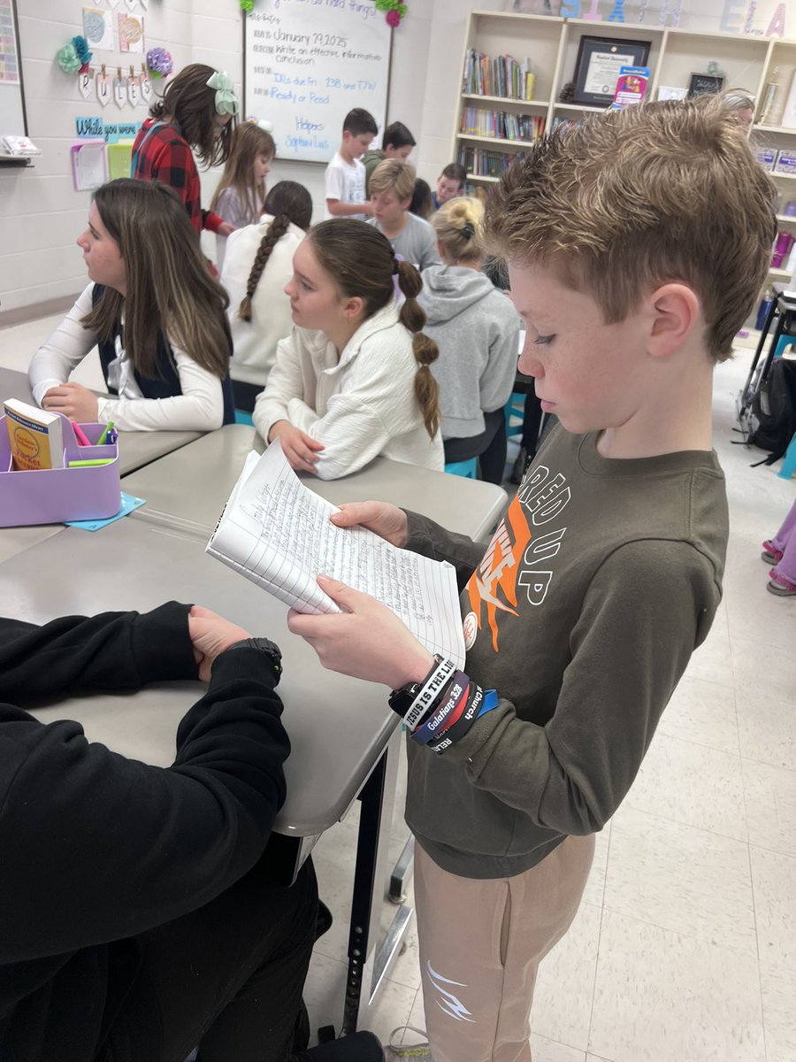 RCardenEES's tweet photo. Today 3rd grade writers visited 6th grade ELA to read text-dependent narratives relating to WWII internment camps. This is a topic both grade levels have been studying. It was an encouragement to both groups of students! Team work makes the dream work! @Bates_EES @mellieguh https://t.co/DURdvOgabi