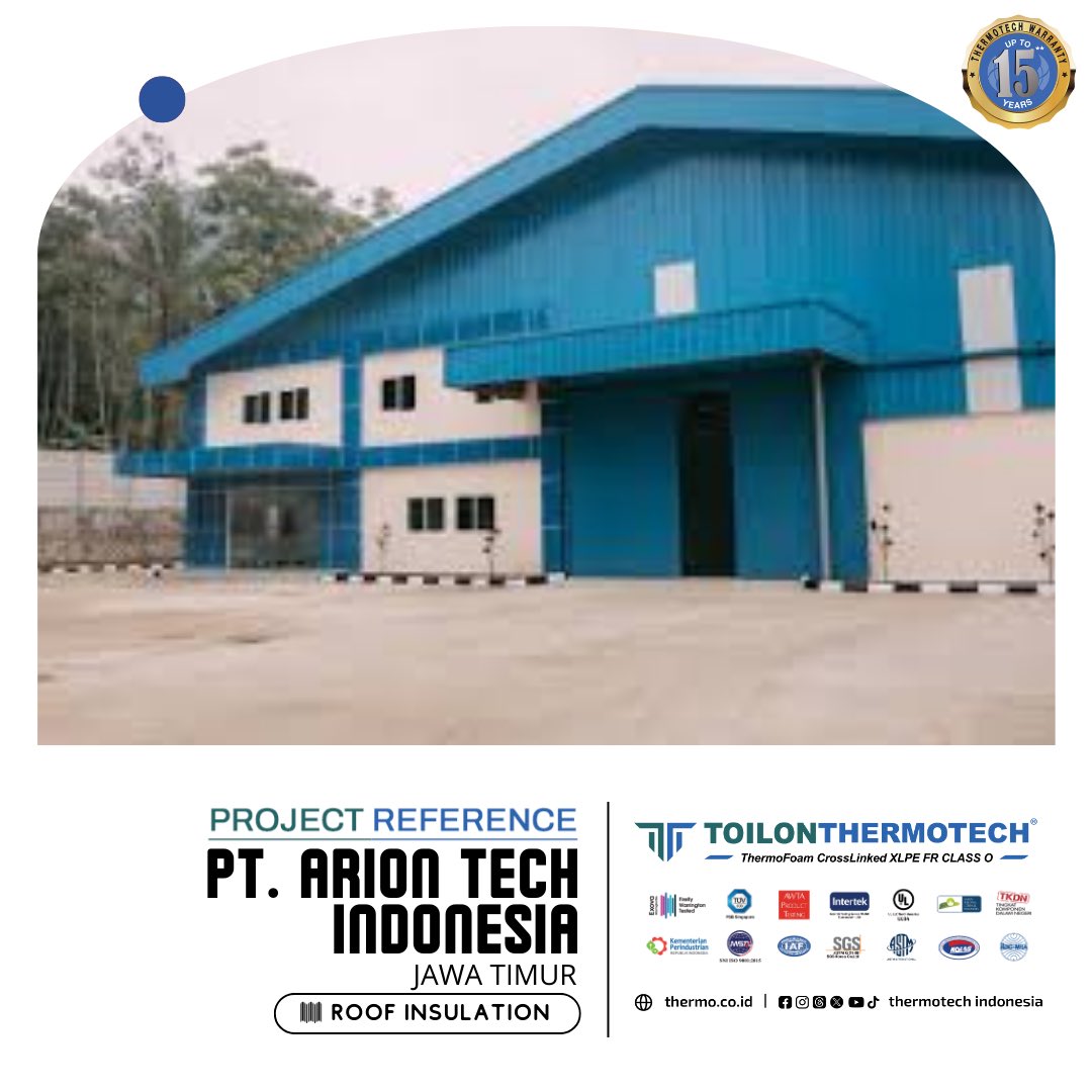 ThermotechIndo1's tweet photo. #ProjectReference
Project : Arion Tech Indonesia
Type : Toilon ThermoTech XLPE FR Class 0
Application : Roof Insulation
Benefits of Using Toilon ThermoFoam Insulation,
1️⃣The highest Fire Rating Class 0
2️⃣Extremely High Vapour Permeability Resistance— https://t.co/FsEkF8Ci4m