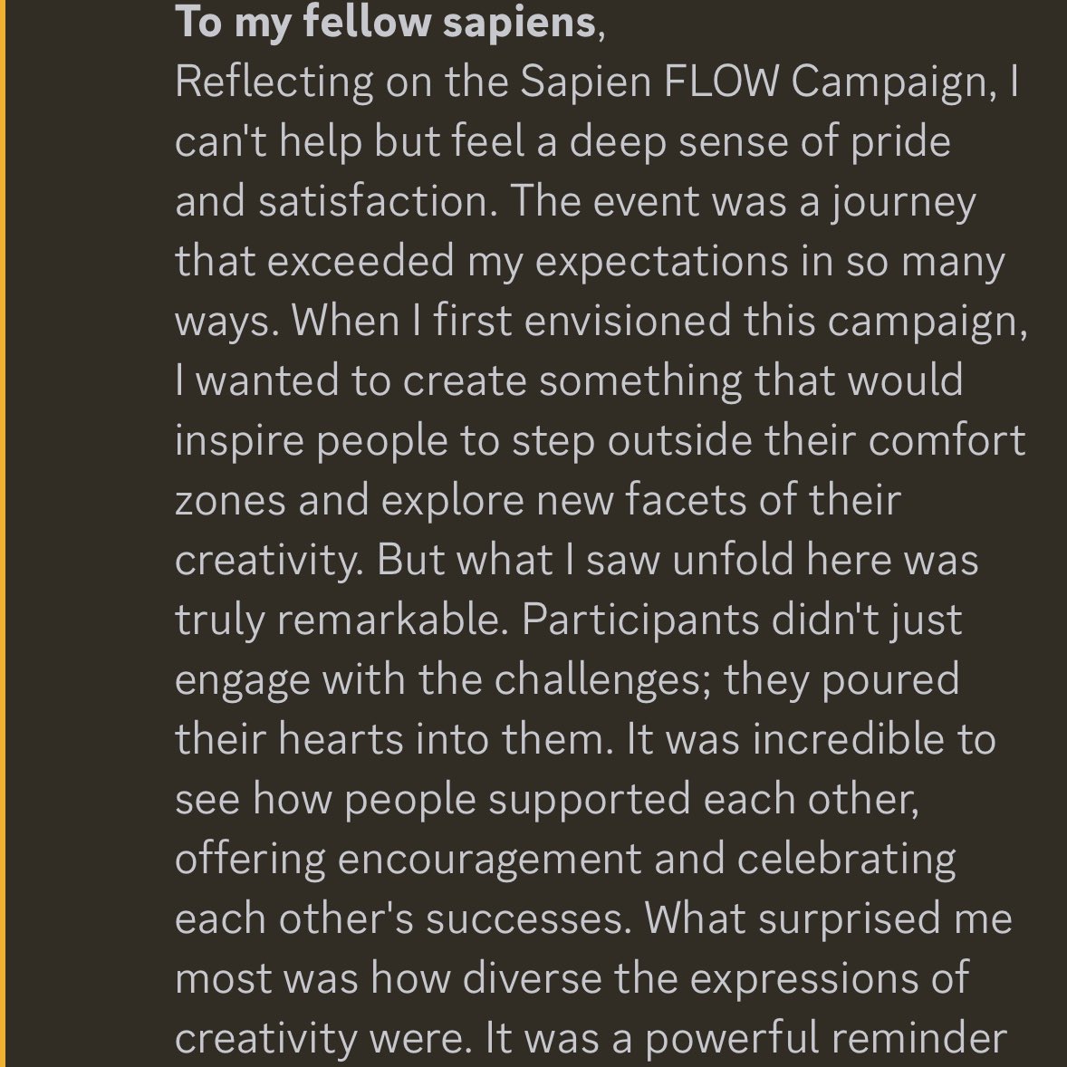 0xTama_'s tweet photo. F.L.O.W.
Our first major social media campaign, aimed to foster interpersonal connections between members through weekly physical and creative challenges.
It was the first step toward growing as frens and building a true community. Use #SapienFlow on X to see our submissions. https://t.co/jMi9fKAtFX