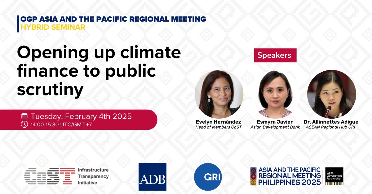 📢 Join Us for a Crucial Discussion on Climate Transparency! 🌍CoST invites you to our Hybrid OGP Asia-Pacific Regional Meeting Side Event!

📅 4 February
⏰14:00 - 16:00 (PHT)
💻 Hybrid Event - Join in person or online!
🔗 Register now 👉 bit.ly/4hcRbhz
<a href="/ADB_HQ/">Asian Development Bank</a>