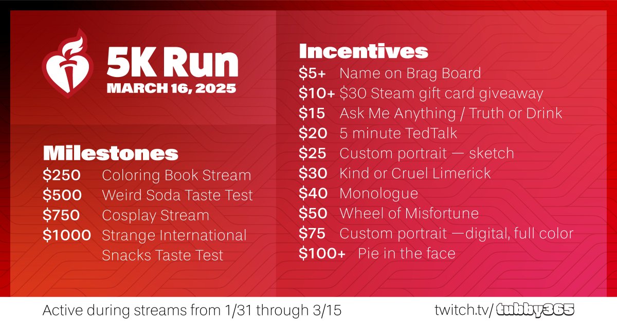 I'm raising money for the American Heart Association for the next month and a half, leading up to my first 5K Run! Join me over at twitch.tv/tubby365 on select Fridays and Saturdays between now and March 16th. See you soon 💛
