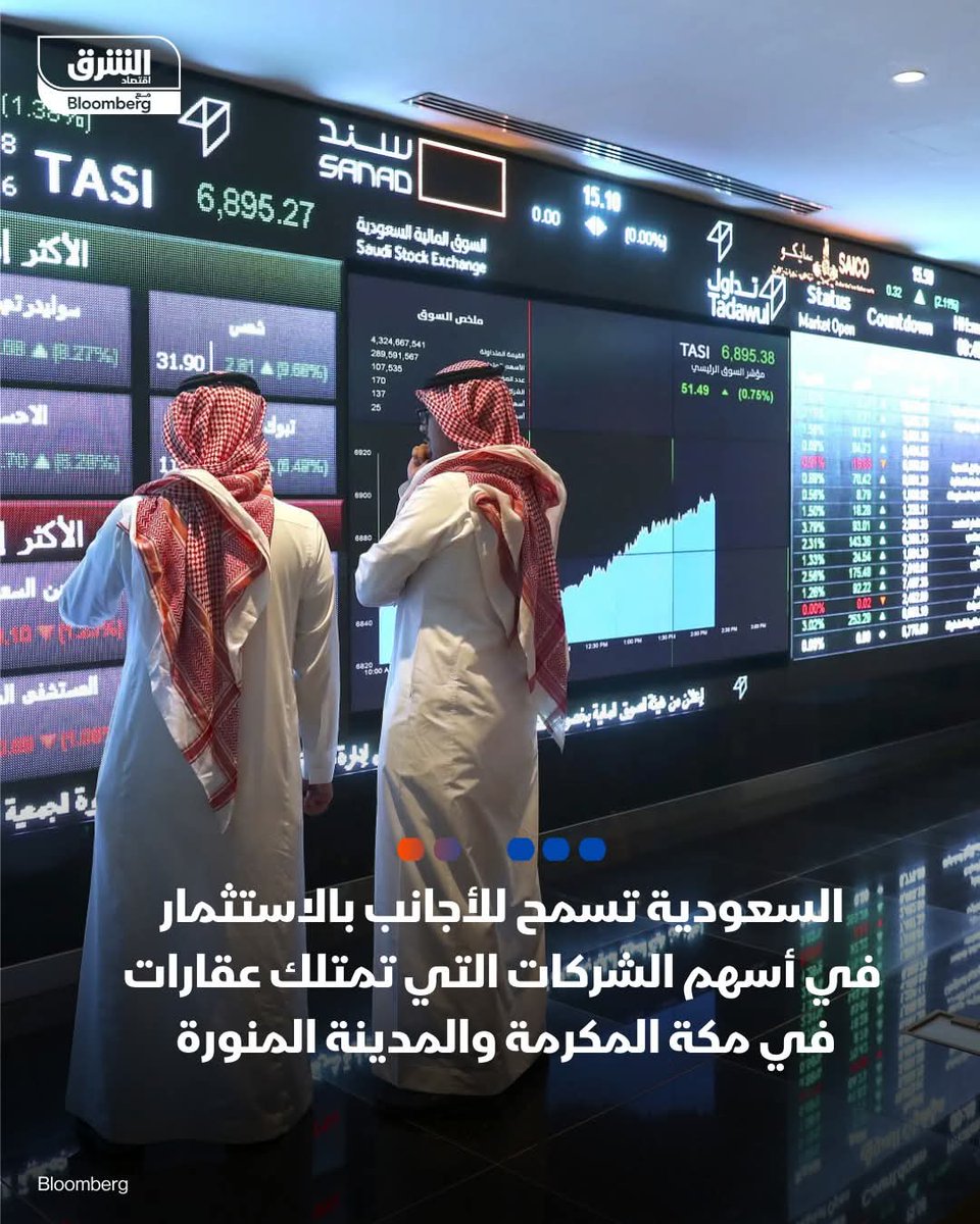 هيئة السوق المالية #السعودية تسمح للأجانب بالاستثمار في أسهم الشركات المدرجة في السوق المالية السعودية التي تمتلك عقارات دائمة أو مؤقته داخل حدود مدينتي #مكة_المكرمة و #المدينة_المنورة