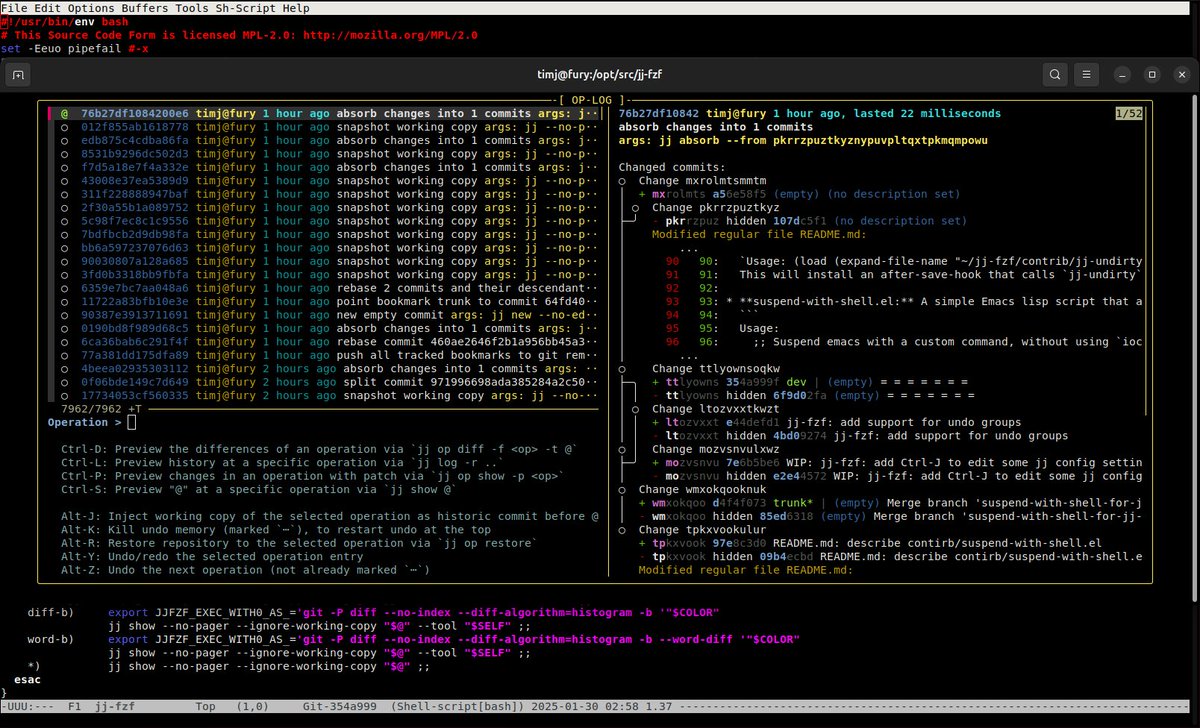 TimJanik's tweet photo. 🚀 Seamless version control with jj-fzf in Emacs!
🕹️ Integrate #jj-#fzf into #Emacs with one hotkey
📜 Add a hotkey to browse commit history per line
🧹 Enable automatic snapshots with jj-undirty.el
#jjfzf #devtool #jujutsu #git #workflow #snapshot https://t.co/dpA8Ud3Xn6