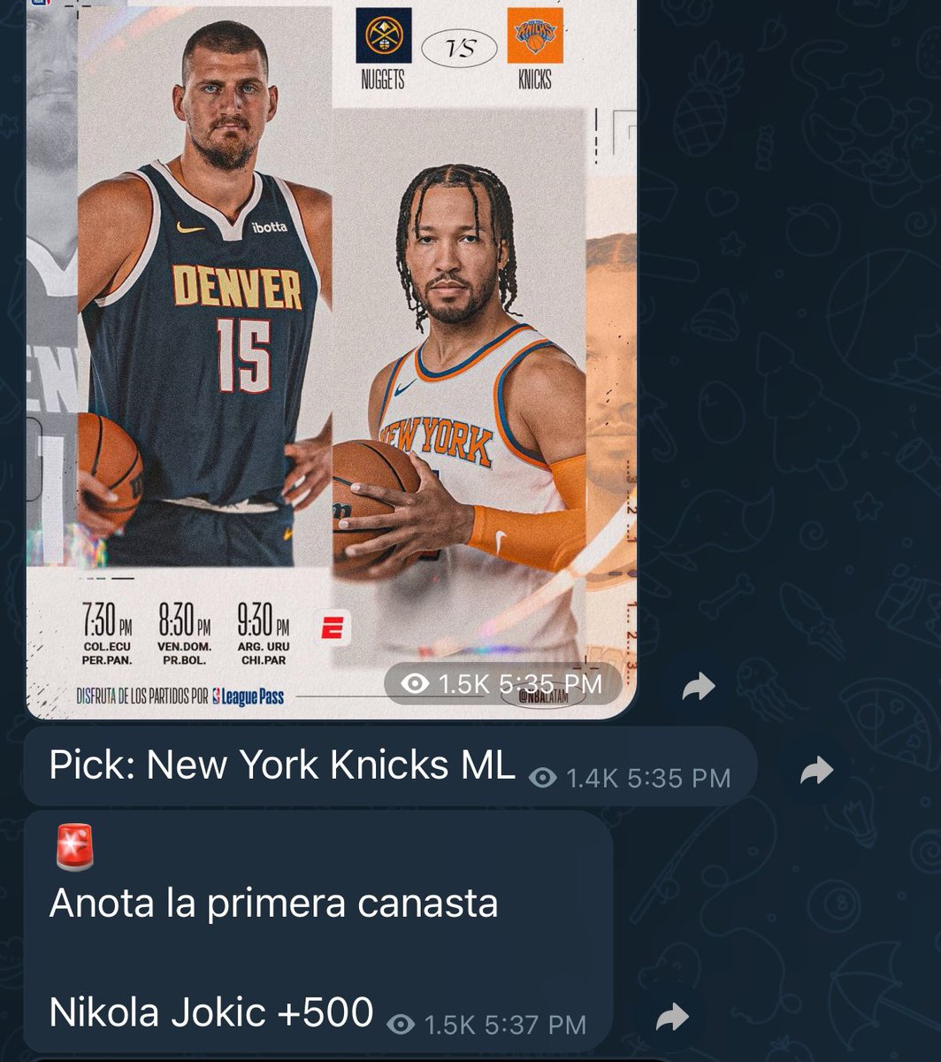 #NewYorkForever  vs #MileHighBasketball

Grupo Premium y Gratis 🔥

Knicks ML -135 + Jokic PC +600 ✅💰

El anotador del primer punto y el ganador en un mismo juego. De lujo 👁️

♥️ RT y comenta tus tickets ganadores si ganaste conmigo.  +1500 vistas no se pasen de ***
