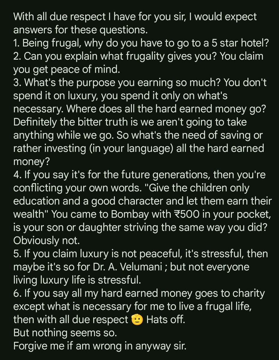AshwinVichu's tweet photo. @velumania Respected @velumania, 
Wasn't able to type this much on @X sir.
These are questions that were raised in the mind of a young 20 year old boy, trying to understand what's really in the minds of successful people like you! https://t.co/jHV09HVxCv