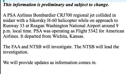 KevinJFrey's tweet photo. Preliminary info from the FAA on the crash at DCA >> https://t.co/qdXMiD5pDY