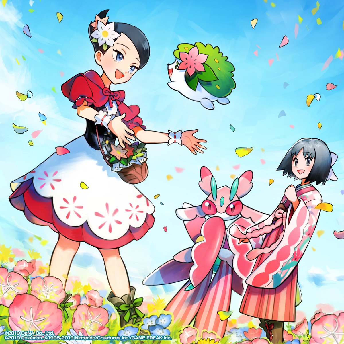 Paperjima's tweet photo. 【お仕事】
『ポケモンマスターズ EX』（@pokemas_game）開催イベントに登場の「マイ＆シェイミ」「エリカ＆ラランテス」のポケマスアートを担当しました。
子供の頃から大好きなポケモンを描くことができて本当に嬉しいです……！どうぞよろしくお願いいたします🌷
#ポケマスEX #ポケマスアート https://t.co/VjHGqg3cv0