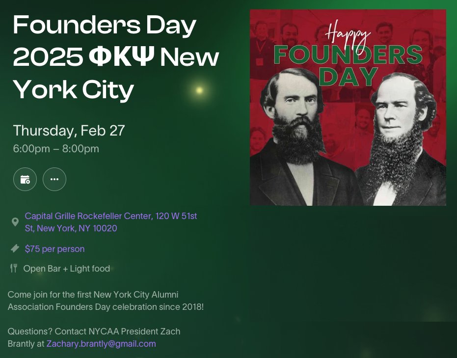 We’re pleased to announce the first NYC Founders Day Celebration in 6 years! Thurs 2/27, 6-8p, $75 unlimited beer/wine, light food; private room at the Capital Grille Rockefeller Center. RSVP at bit.ly/4hanIVR