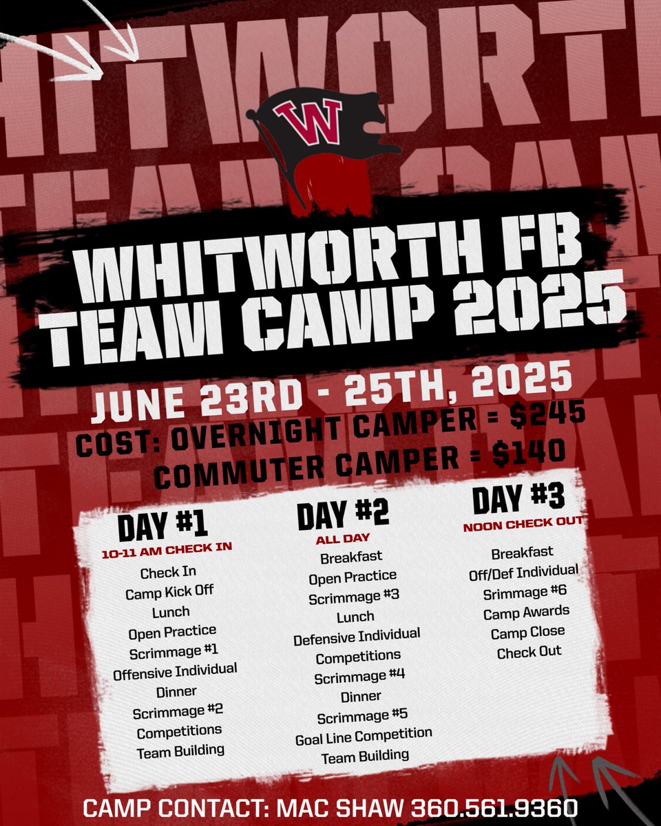 Whitworth FB Team Camp is BACK! HS coaches please reach out if interested! 

JUNE 23-25, 2025