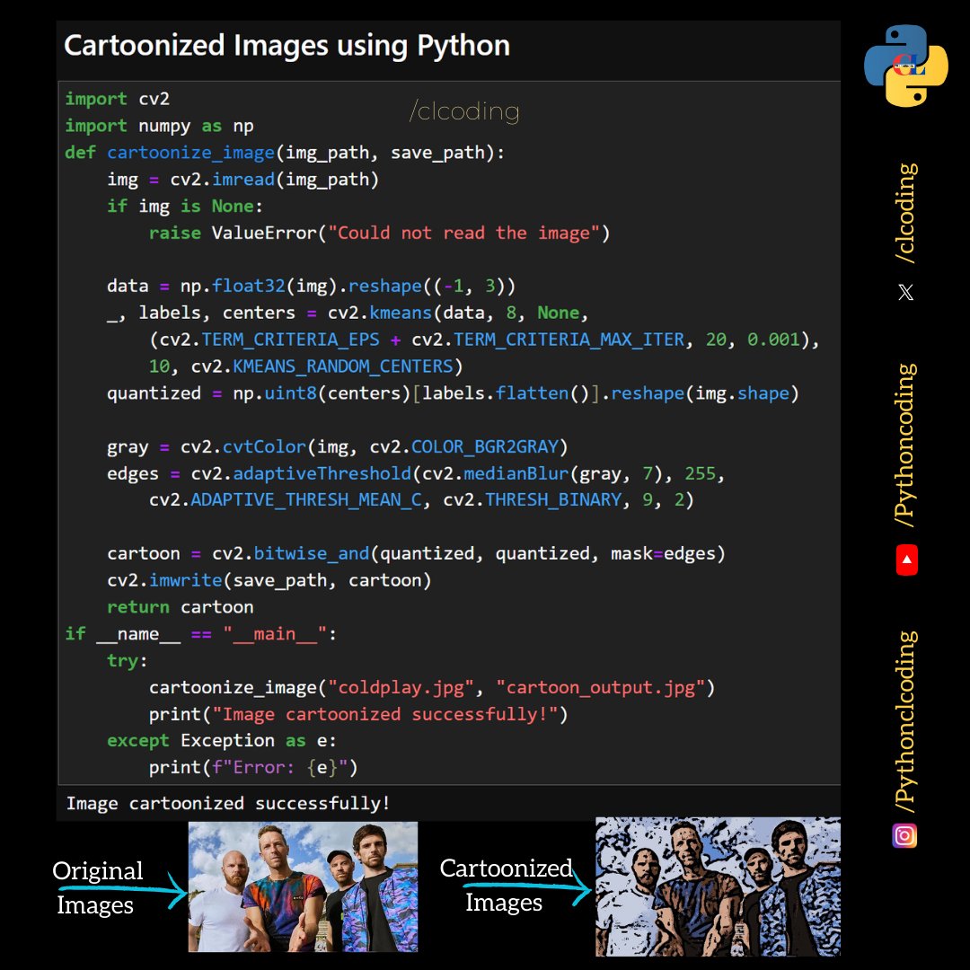 clcoding's tweet image. Cartoonized Images using Python

Free Code - clcoding.com/2025/01/cartoo…