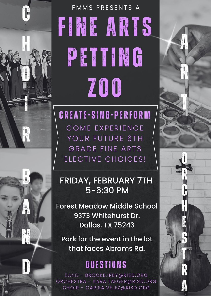 Forest Meadow Middle School Band (@fmjh_band) on Twitter photo ⭐️Future FMMS 6th Graders⭐️
Come see your choices up close one more time before choosing your elective!
We are happy to answer any questions!
<a href="/ForestMeadowMS/">Forest Meadow MS</a> <a href="/AikinEagles/">Aikin Eagles</a> <a href="/ForestLnAcademy/">Forest Lane Academy</a> <a href="/MossHavenPTA/">Moss Haven PTA</a> <a href="/MerrimanParkES/">MerrimanParkElem</a> <a href="/SkyviewElem/">Skyview Elementary</a> <a href="/StultsRoadElem/">Stults Road</a>
Questions? Email in image📩 ⭐️Future FMMS 6th Graders⭐️
Come see your choices up close one more time before choosing your elective!
We are happy to answer any questions!
<a href="/ForestMeadowMS/">Forest Meadow MS</a> <a href="/AikinEagles/">Aikin Eagles</a> <a href="/ForestLnAcademy/">Forest Lane Academy</a> <a href="/MossHavenPTA/">Moss Haven PTA</a> <a href="/MerrimanParkES/">MerrimanParkElem</a> <a href="/SkyviewElem/">Skyview Elementary</a> <a href="/StultsRoadElem/">Stults Road</a>
Questions? Email in image📩